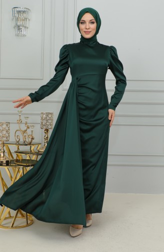 Pleat Detailed Satin Evening Dress 6154-05 Emerald Green 6154-05