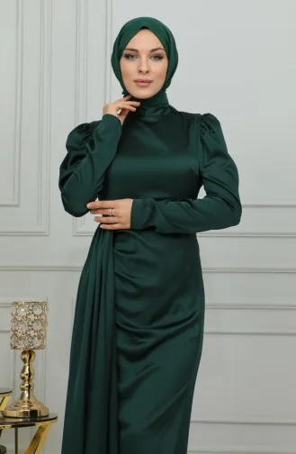 Robe De Soirée Satin Détail Plissé 6154-05 Vert Emeraude 6154-05