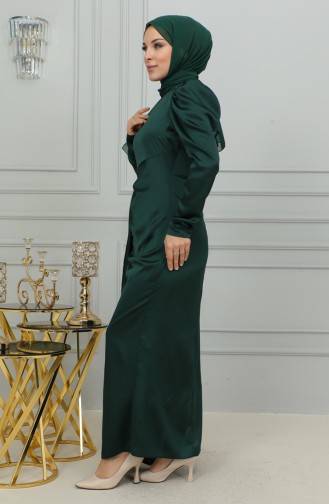 Robe De Soirée Satin Détail Plissé 6154-05 Vert Emeraude 6154-05