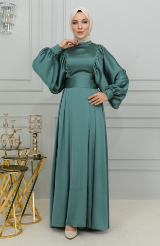 Balloon Sleeve Satin Evening Dress 6176-01 Khaki 6176-01