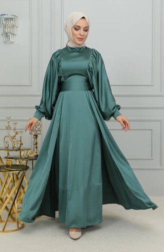 فستان سهرة ساتان بأكمام بالون  6176-01 أخضر عسكري 6176-01