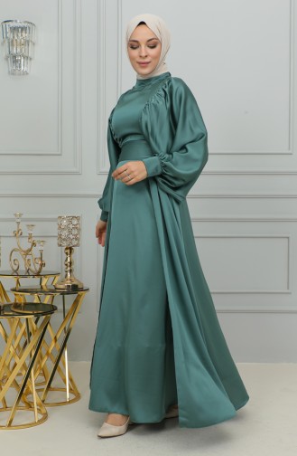 فستان سهرة ساتان بأكمام بالون  6176-01 أخضر عسكري 6176-01