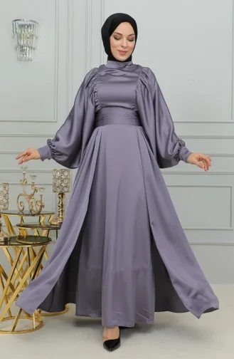 فستان سهرة ساتان بأكمام بالون 6176-02 بنفسجي فاتح 6176-02