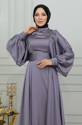 Balloon Sleeve Satin Evening Dress 6176-02 Lilac 6176-02