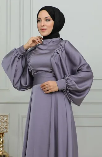 فستان سهرة ساتان بأكمام بالون 6176-02 بنفسجي فاتح 6176-02