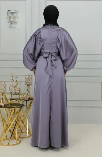 فستان سهرة ساتان بأكمام بالون 6176-02 بنفسجي فاتح 6176-02