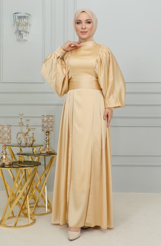 Balloon Sleeve Satin Evening Dress 6176-03 Gold 6176-03