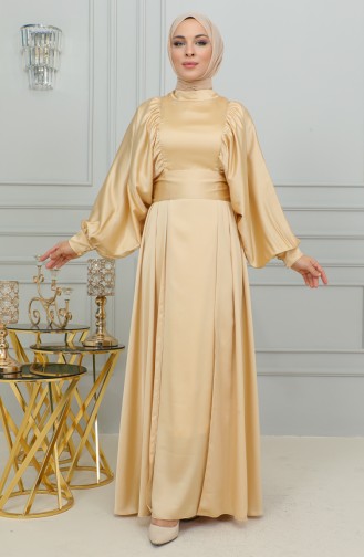 Balloon Sleeve Satin Evening Dress 6176-03 Gold 6176-03