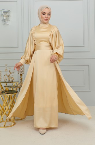 Balloon Sleeve Satin Evening Dress 6176-03 Gold 6176-03