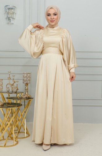 Robe De Soirée Satin Manches Ballon 6176-04 Mousse Miel 6176-04