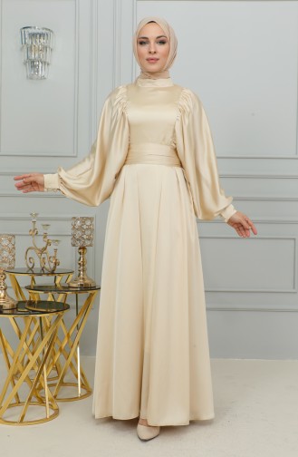 Robe De Soirée Satin Manches Ballon 6176-04 Mousse Miel 6176-04