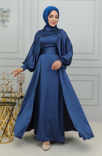 Abendkleid Aus Satin Mit Ballonärmeln 6176-06 Marineblau 6176-06