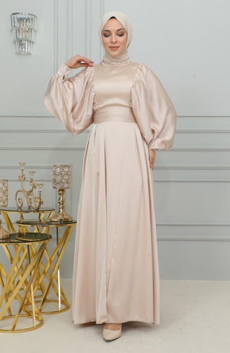 Balloon Sleeve Satin Evening Dress 6176-07 Powder 6176-07