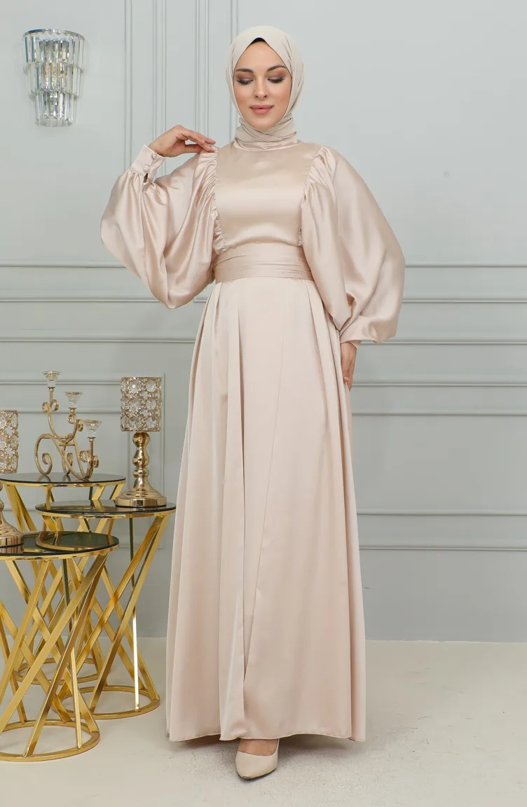 Robe De Soirée Satin Manches Ballon 6176-07 Poudre 6176-07