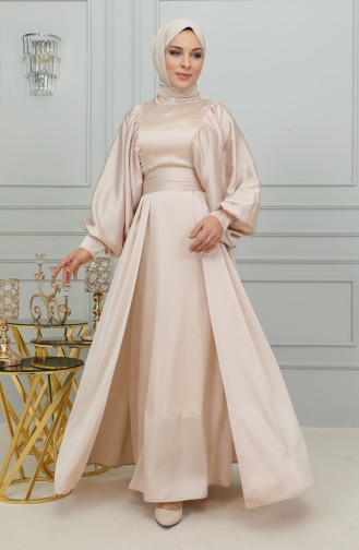 Balloon Sleeve Satin Evening Dress 6176-07 Powder 6176-07