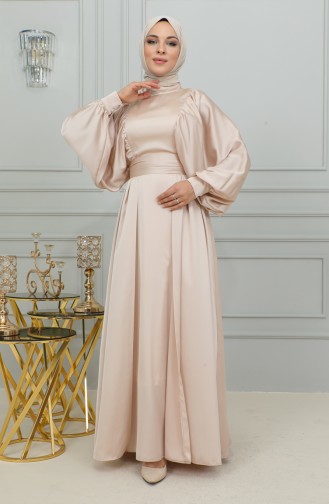 Balloon Sleeve Satin Evening Dress 6176-07 Powder 6176-07