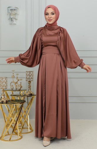 Robe De Soirée Satin Manches Ballon 6176-08 Marron 6176-08