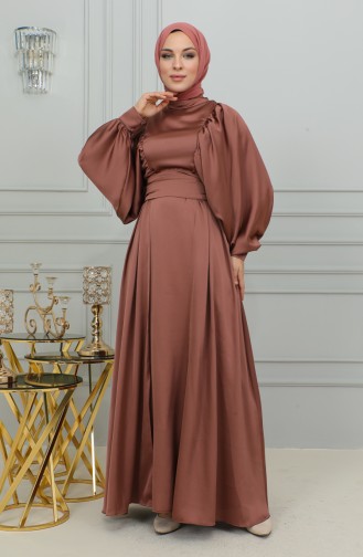 Robe De Soirée Satin Manches Ballon 6176-08 Marron 6176-08