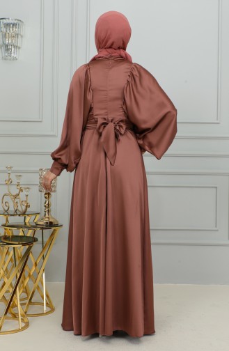 Balloon Sleeve Satin Evening Dress 6176-08 Brown 6176-08