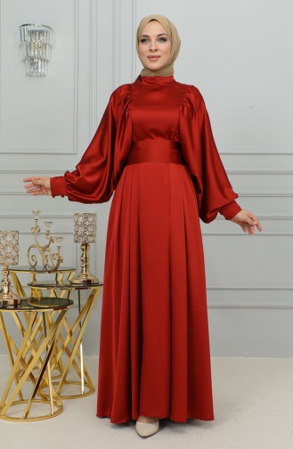 Balloon Sleeve Satin Evening Dress 6176-10 Dark Brick Red 6176-10