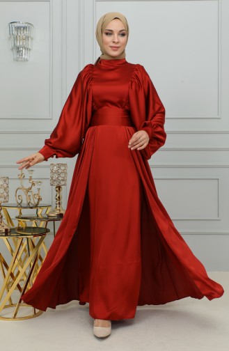 Balloon Sleeve Satin Evening Dress 6176-10 Dark Brick Red 6176-10