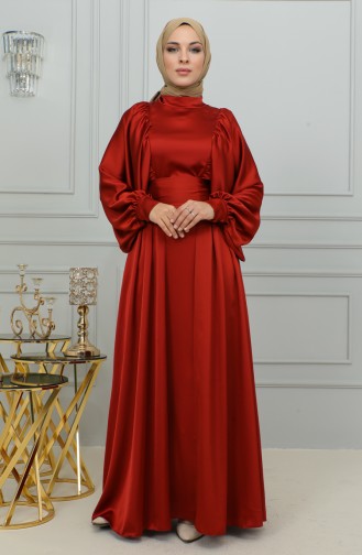 Balloon Sleeve Satin Evening Dress 6176-10 Dark Brick Red 6176-10