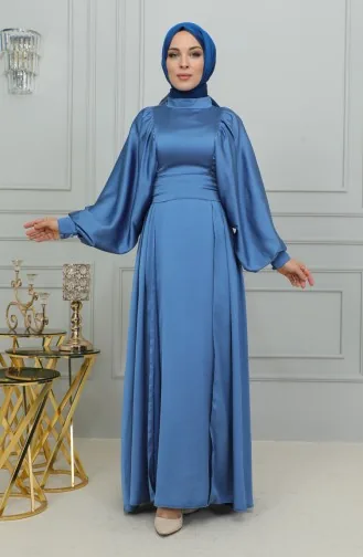 Robe De Soirée Satin Manches Ballon 6176-11 Indigo 6176-11