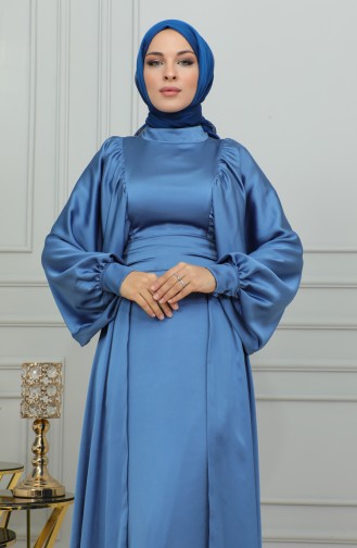 Robe De Soirée Satin Manches Ballon 6176-11 Indigo 6176-11