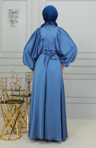 Robe De Soirée Satin Manches Ballon 6176-11 Indigo 6176-11