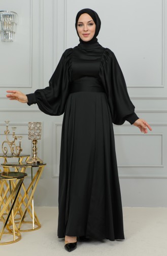 فستان سهرة ساتان بأكمام بالون  6176-12 أسود 6176-12