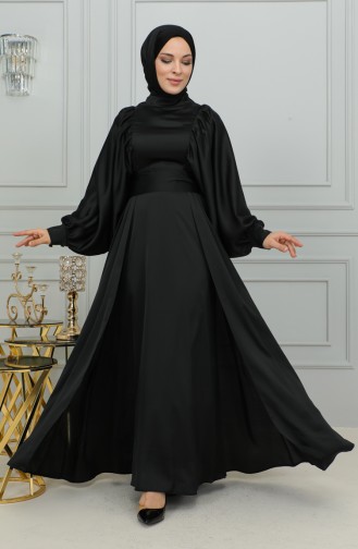 فستان سهرة ساتان بأكمام بالون  6176-12 أسود 6176-12