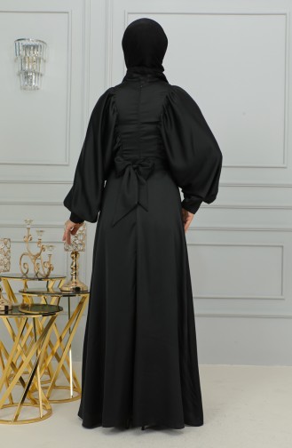 Robe De Soirée Satin Manches Ballon 6176-12 Noir 6176-12