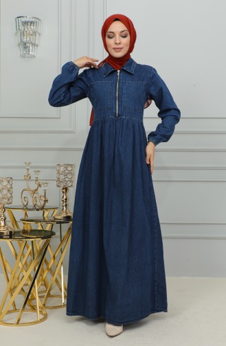Fermuarlı Kot Elbise 3500-01 Koyu Lacivert
