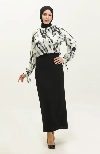 Gemusterte Satinbluse Schwarz T1699 525
