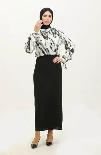 Gemusterte Satinbluse Schwarz T1699 525