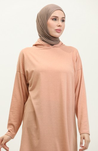 Kapüşonlu Simli Mevsimlik Tunik 8676-01 Pudra