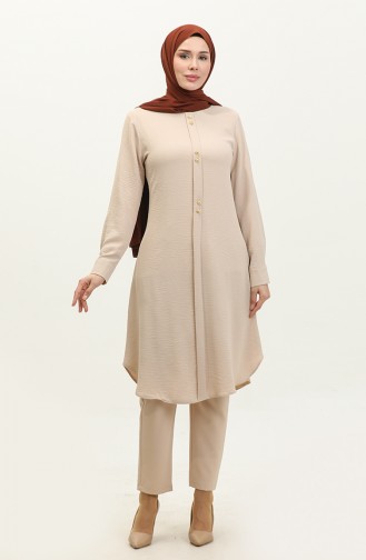 Buttoned Long Tunic 1011-06 Beige 1011-06