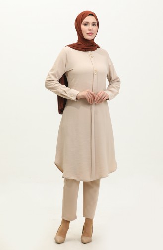 Buttoned Long Tunic 1011-06 Beige 1011-06