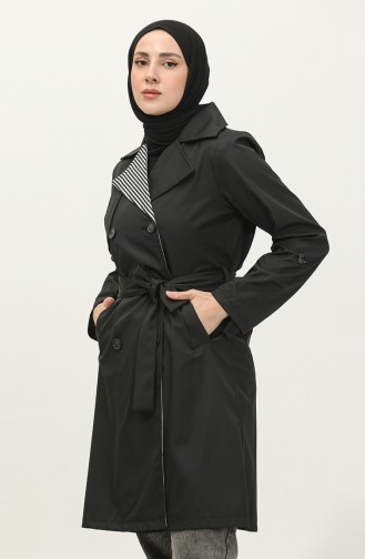 Streifendetaillierter Trenchcoat Schwarz K336 497