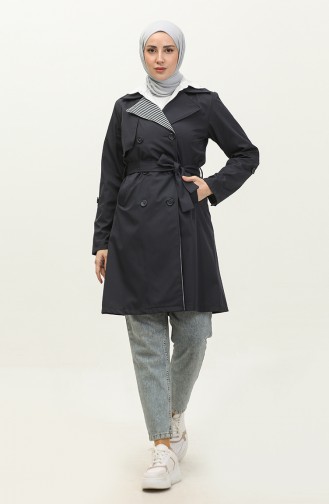 Stripe Detailed Trench Coat Navy Blue K336 500