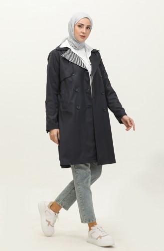 Stripe Detailed Trench Coat Navy Blue K336 500