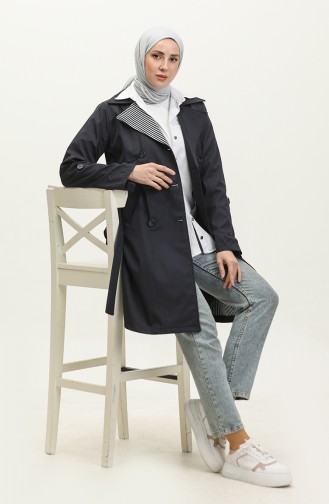 Stripe Detailed Trench Coat Navy Blue K336 500