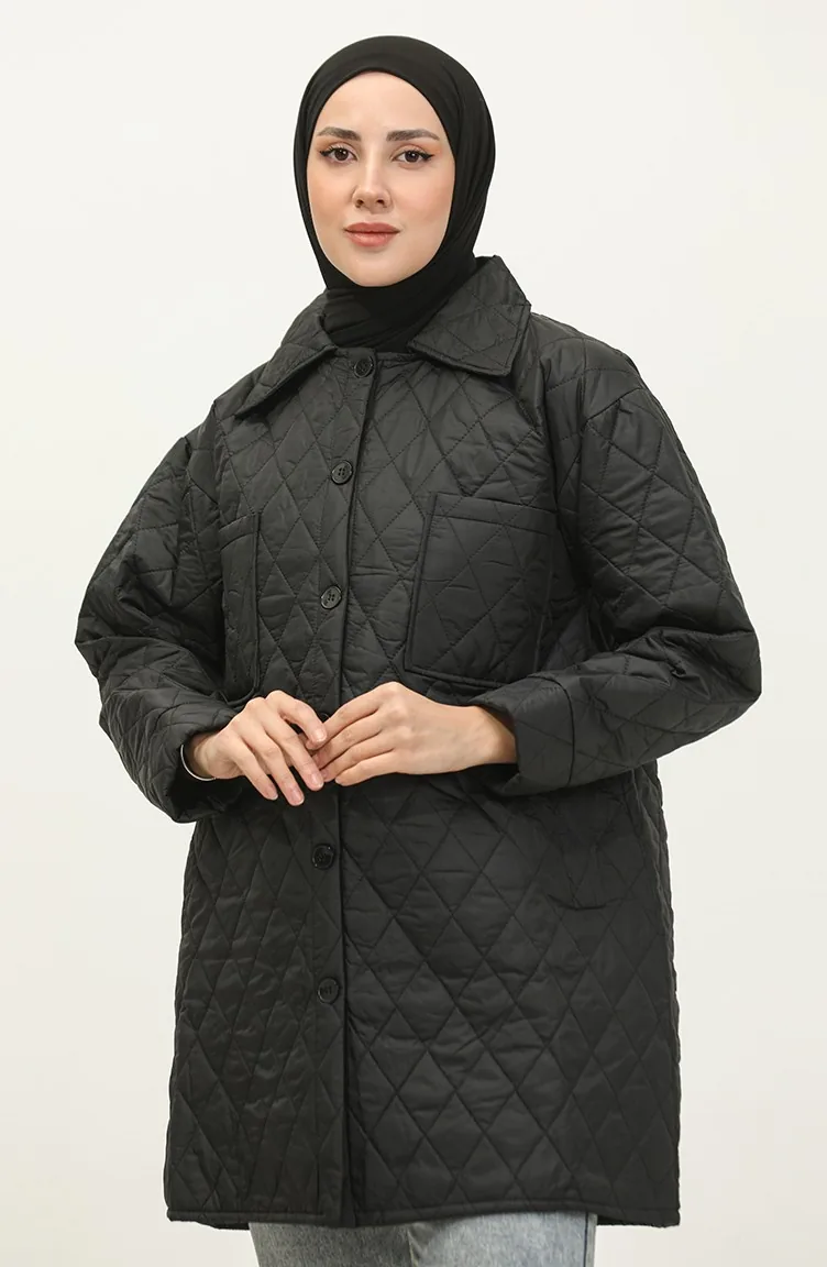 Düğmeli Şişme Kapitone Mont Siyah K312