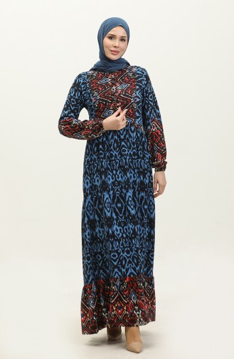 فستان فيسكوز منقوش بأزرار نصفية 0308-01 أسود أزرق ملكي 0308-01