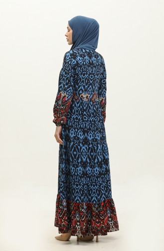 فستان فيسكوز منقوش بأزرار نصفية 0308-01 أسود أزرق ملكي 0308-01