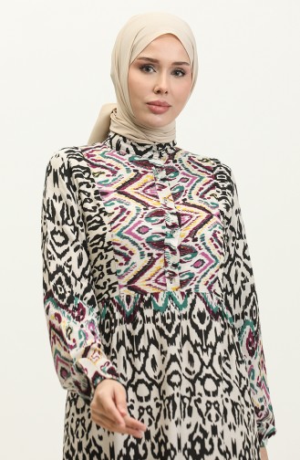 Robe Viscose à Motifs Demi Boutonnée 0308-02 Beige Pourpre 0308-02