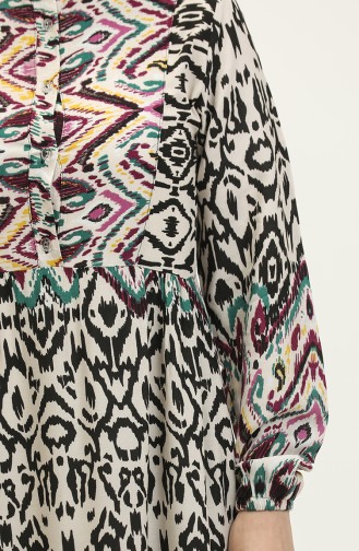 Robe Viscose à Motifs Demi Boutonnée 0308-02 Beige Pourpre 0308-02