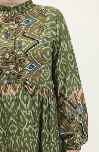 فستان فيسكوز منقوش بأزرار نصفية 0308-04 أخضر عسكري وردي فاتح 0308-04