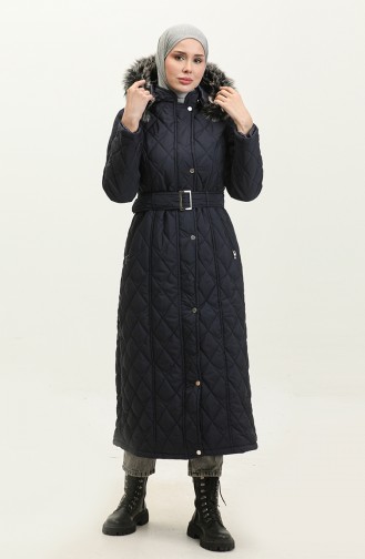 Furry Belted Quilted Coat 504223-06 Navy Blue 504223-06