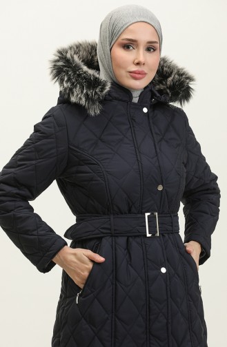 Furry Belted Quilted Coat 504223-06 Navy Blue 504223-06